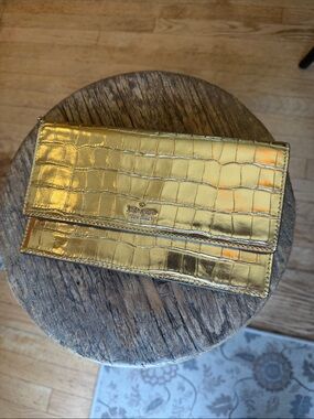 kate spade Metallic Gold Croc-Embossed Foldover Wristlet Clutch